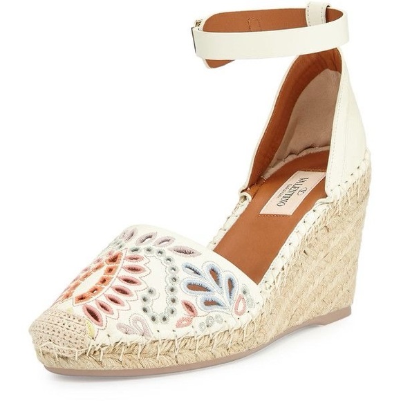 Valentino A jour floral embroidered ivory leather espadrille wedge